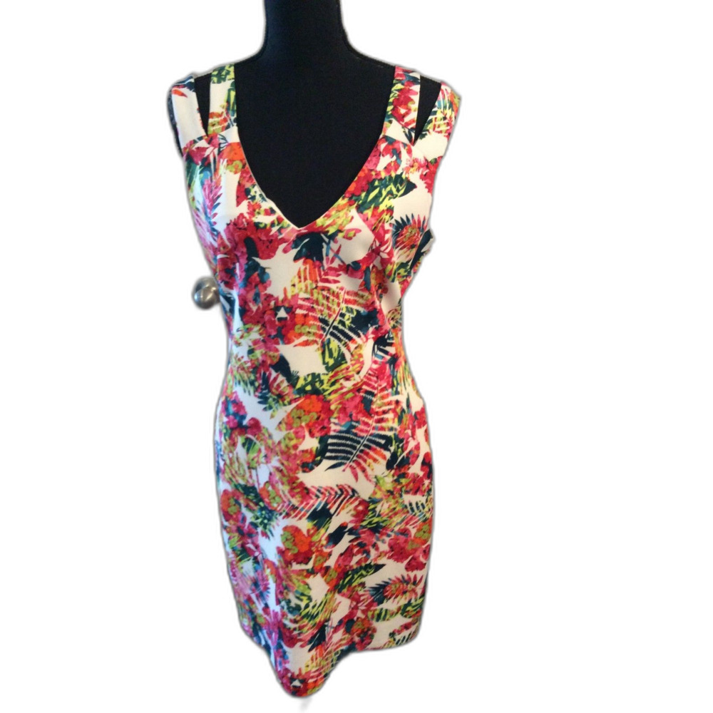 Floral EUC Guess Sleeveless Cross Over Neckline Dress Size 14 Stretch